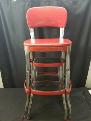 Vintage Red Cosco Step Stool Kitchen Chair Retracting Steps Ships
