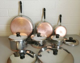 12 Pc 1801 Revere Ware Copper Bottom Stainless Pots Pans Skillets Cookware Set