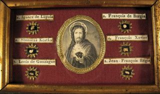 ANTIQUE MINIATURE FRENCH FRAME WITH THE RELICS OF 6 JESUIT SAINTS. 2