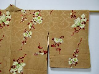 Japanese Silk Antique Kimono / Flower & Cloud / Light Brown / Vintage /60