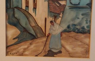 Vintage Signed Framed Taxco Mexico Watercolor Town Village Woman Walking