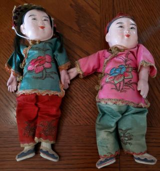 Antique Composition Chinese Boy And Girl Dolls In Embroidered Silk Clothes - 8 "