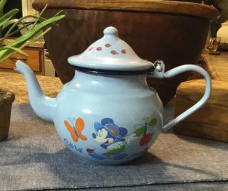 Walt Disney Tea Pot Mickey Exclusivite Disneyland Paris Blue Small Enamelware