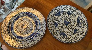 2 Vintage Japanese Blue White Porcelain Large Plates With Phoenix Hou - Ou Bird