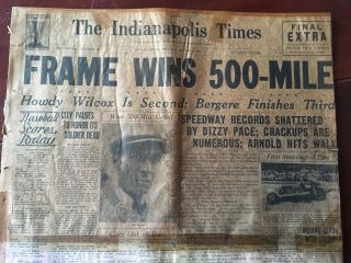 5/30/1932 " Frame Wins 500 - Mile " Auto Race Newspaper Vintage " Indianapolis Times "