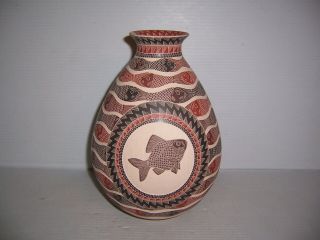 Ricardo Delgado Cruz Mata Ortiz Pottery Sgraffito Fish Olla Jar Pot Vase 10 1/4