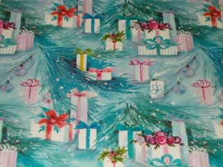Vtg Christmas Hallmark Wrapping Paper Gift Wrap 1960 Tree Presents Blue,  Card