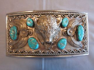 Navajo Large Sterling Buffalo & Turquoise Belt Buckle By Albert Lee
