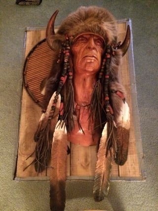 American Indian Chief Wood Carving By Bill Gerber -