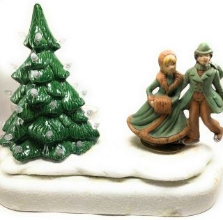 Vintage Ceramic Lighted Christmas Tree With Wind Up Musical Spinning Ice Skaters