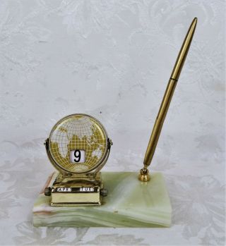 Vintage Onyx Marble Desk Set Retro Perpetual Flip Globe Calendar W/ Pen