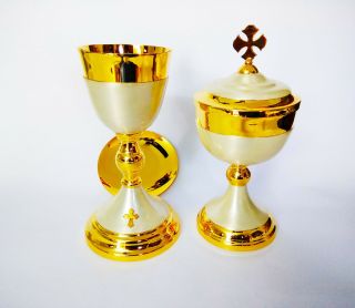 Chalice With Paten & Ciborium Set Brass Gold Plated Holy Religious Gift Usyb11