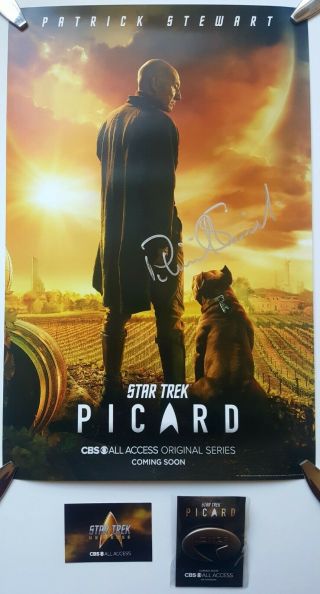 2019 Sdcc Cbs Star Trek: Picard Patrick Stewart Signed 11 X 17 Poster Pin & Card