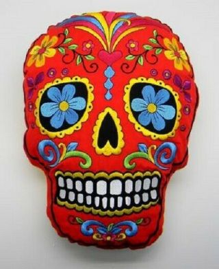 Red Sugar Skull Mexican Day Of The Dead Dia De Los Muertos Embroidered Pillow