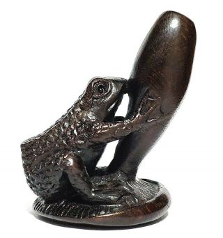 Y6098 - 20 Years Old 2 " Hand Carved Japanese Ebony Ironwood Netsuke - Frog
