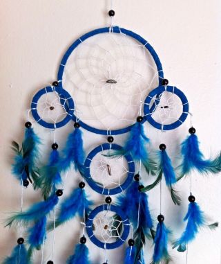 Cherokee Handmade Dream Catcher,  Tiger Eyes,  Blue & Green Turquoise Feathers