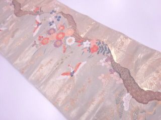 87559 Japanese Kimono / Vintage Fukuro Obi / Woven Crane With Floral Plants
