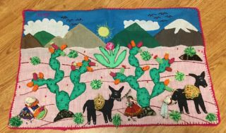 Applique Quilt Wall Mural 22”x16 " - Arpillera - 3d Hand Made Peru Cactus Harvest