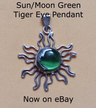 Taxco Vintage Silver 925 Sun God/moon Pendant With Green Tiger 