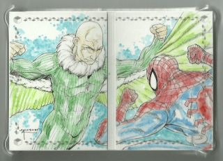 2017 Marvel Premier Dual Panel Spider - Man Vs Vulture Sketch Card By Aposcar Cruz
