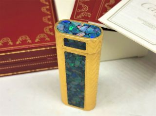 Auth Cartier Limited 3 - Sides Opal Inlay Mosaic Herringbone Pattern Lighter Gold