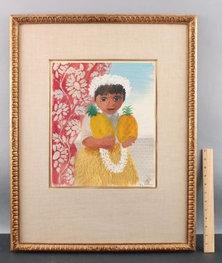 Vintage Ben Shahn Social Realist Watercolor Painting,  Hawaiian Girl & Pineapples