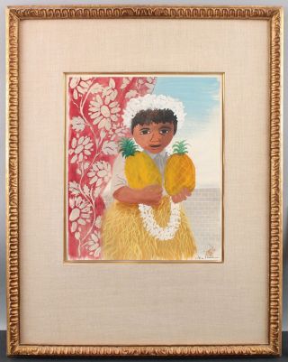 Vintage BEN SHAHN Social Realist Watercolor Painting,  Hawaiian Girl & Pineapples 2