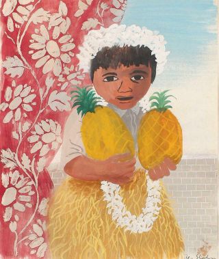 Vintage BEN SHAHN Social Realist Watercolor Painting,  Hawaiian Girl & Pineapples 3