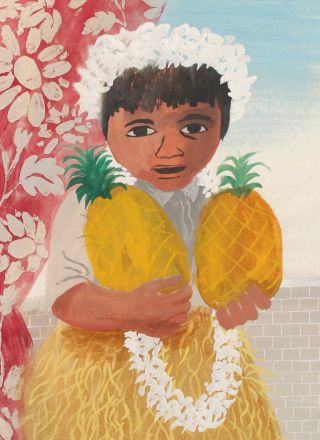 Vintage BEN SHAHN Social Realist Watercolor Painting,  Hawaiian Girl & Pineapples 4