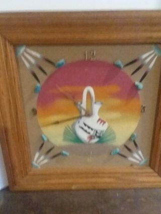 Sand Painting Clock Native American Pottery With Turquoise Stones Square