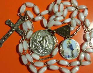 † Antique White Rosary Virgin Mary Immaculate Enamel Gold Medal Pope Pius Xii