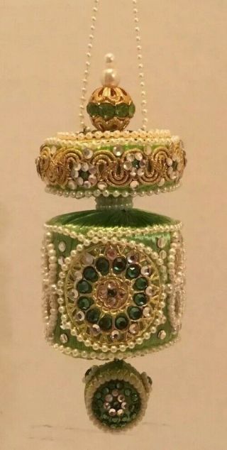 Vintage June Zimonick Beaded Christmas Ornament Elaborate Green Gold Pearls