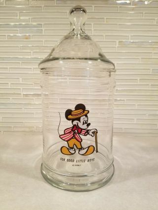 Vtg Mickey Mouse " For Good Little Boys " Glass Candy Jar Walt Disney Productions
