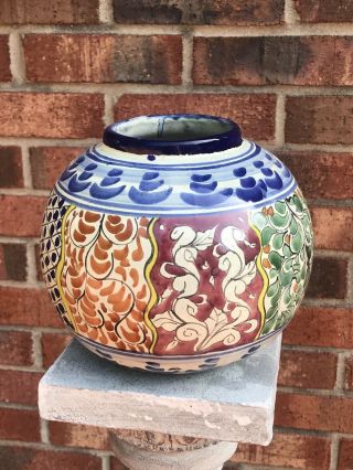 Vintage Talavera Mexico Hand Made Folk Pottery Hand Painted Signed Patlan Vase