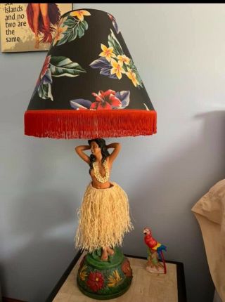 Large Dancing Motion Hula Girl Lamp W/ Fringe Shade Hawaiian Kitsch