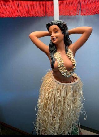 Large Dancing Motion Hula Girl Lamp W/ Fringe Shade Hawaiian Kitsch 3