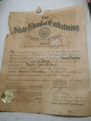 Vintage 1949 Texas Board Of Embalming Certificate Mortuary Galveston Hebert
