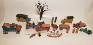 17 Pc Vintage Train Accessories - People - Cars - Tress - German - Christmas - 1940s?1950s?1