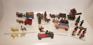 26 Pc Vintage Train Accessories - People - Cars - Tress - German - Christmas?1940s?1950s?3