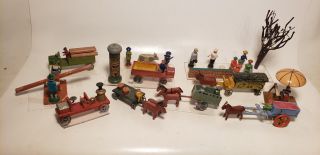 21 Pc Vintage Train Accessories - People - Cars - Tress - German - Christmas?1940s?1950s?4
