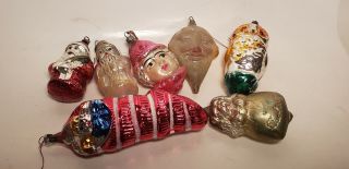 7 Antique Christmas Ornaments - Glass - Figural - Faces - Santa - Clown - Stockings - Nr