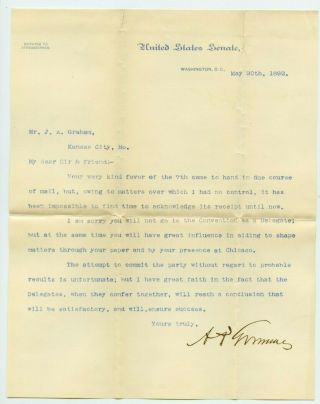 Typed Signed Letter Maryland Senator Arthur Pue Gorman