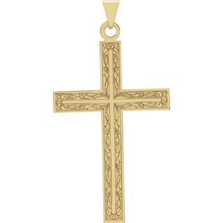14kt Solid Yellow Gold Cross Pendant With Design,  42mm X 25mm