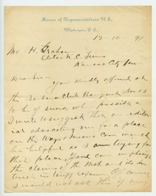 Handwritten Signed Letter Dated 1891 From Congressman William Jennings Bryan