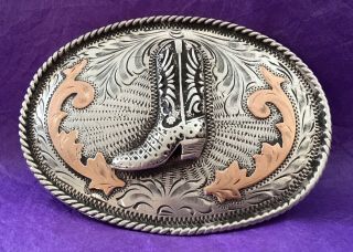 Rare Sterling Silver 10k Gold 1960’s Jalisco Old Western Cowboy Boot Belt Buckle