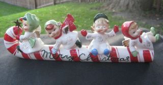 Vintage Lefton Christmas Boy Girl Angels On A Candycane Sleigh W/ Star Figurine