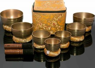 Sound Healing Singing Bowl Set Of 7 - Etching Bowls Natural Kasha Chakra Bowls
