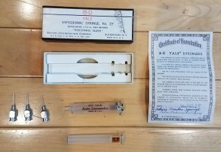 Vintage Becton Dickinson (B - D) Glass Hypodermic Syringe,  No.  2Y with 3 needles 2