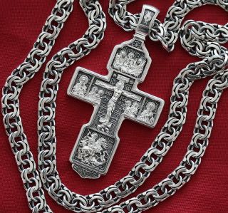 Large Heavy Russian Greek Orthodox Crucifix Cross,  Chain Set Silver 925.  56g