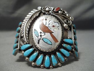 One Of Best Vintage Zuni Coral Cardinal Sterling Silver Turquoise Bracelet Old